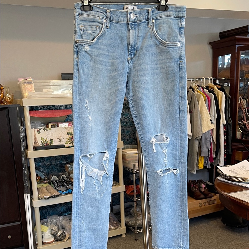 AGOLDE High Rise Distressed Skinny Leg Jeans Light Wash Size 27 Raw Hem Denim